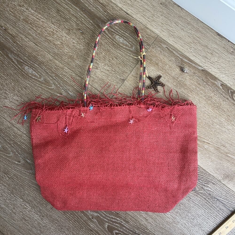 Flora Bella RED Beach Tote Star Fish Multi Color Travel Lined Charms Fun Coastal